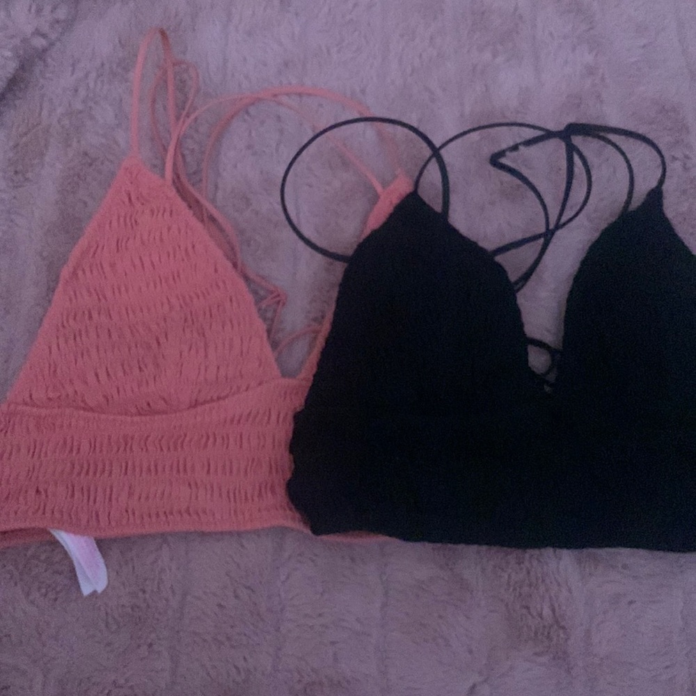 Set of two Pink Ribbed Stretchy Bralettes in coral and black size small NWOT